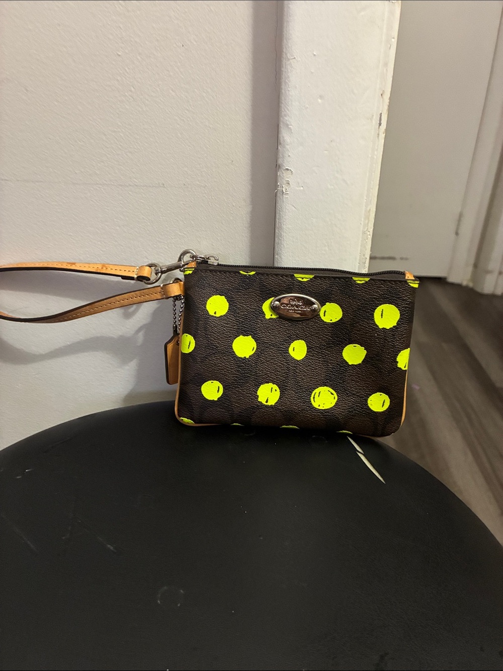 Coach Neon Polka Dot Brown Leather Wristlet